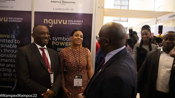 Angela List (right), Group Chief Executive of Nguvu Holdings, interacting with Vice-President Dr Mahamudu Bawumia at the WAMPEX